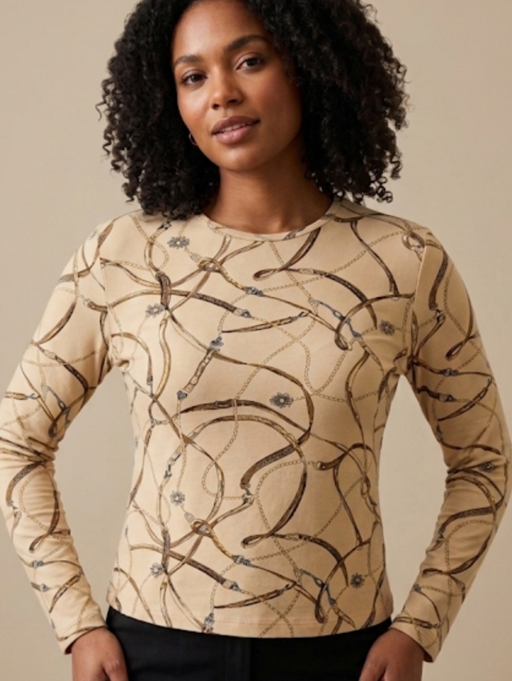 ORLY BEIGE CHAIN PRINT LONG SLEEVE TOP SIZE MEDIUM